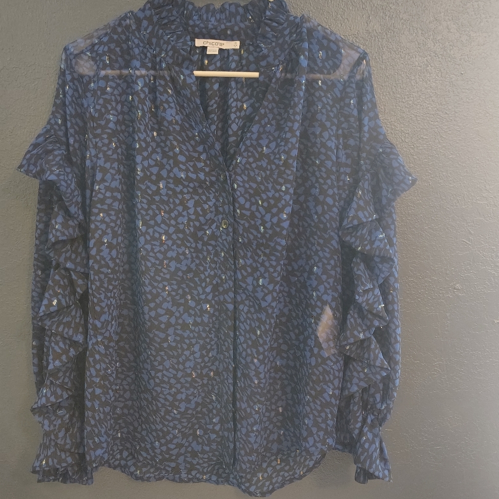 Chico's Blue Patterned Ruffle Blouse - image 1